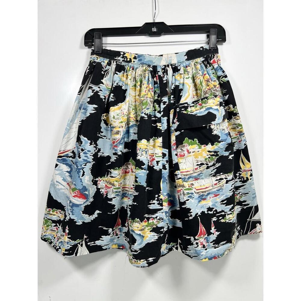 Vtg Nautical Boat Print Knee Skirt Pleated Cottage Core XS High Waist
